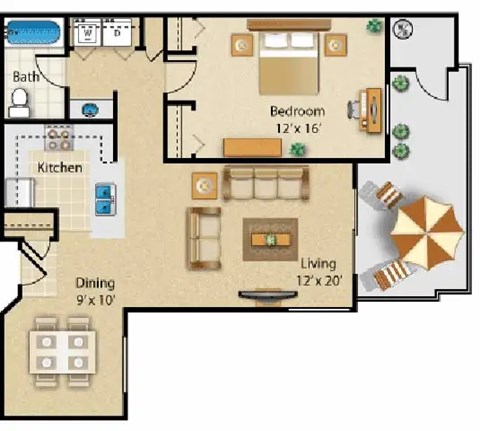 A floor plan of a house with a bedroom, living room, kitchen, and dining area.