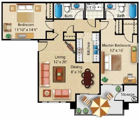 A floor plan of a house with a living room, dining room, kitchen, two bedrooms, and bathrooms.