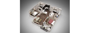 A 3D rendered image of a modern apartment layout.