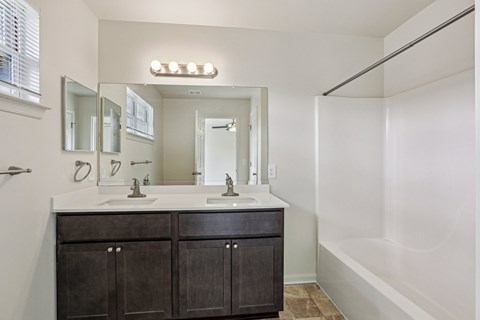 A bathroom with a double sink vanity and a large mirror.