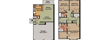 A floor plan of an apartment with a living room, two bedrooms, a kitchen, a dining room, a bathroom, a garage, and a patio.