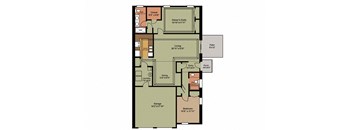 A floor plan of a house with a living room, dining room, bedroom, and garage.