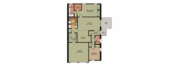 A floor plan of a house with a garage, two bedrooms, a living room, a dining room, a kitchen, a laundry room, and a closet.