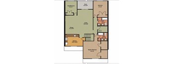A floor plan of a house with a den/bedroom, two bathrooms, a kitchen, a dining area, a living room, and two bedrooms.