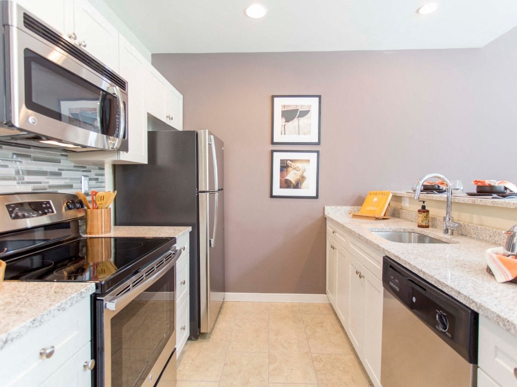 A modern kitchen with GE appliances