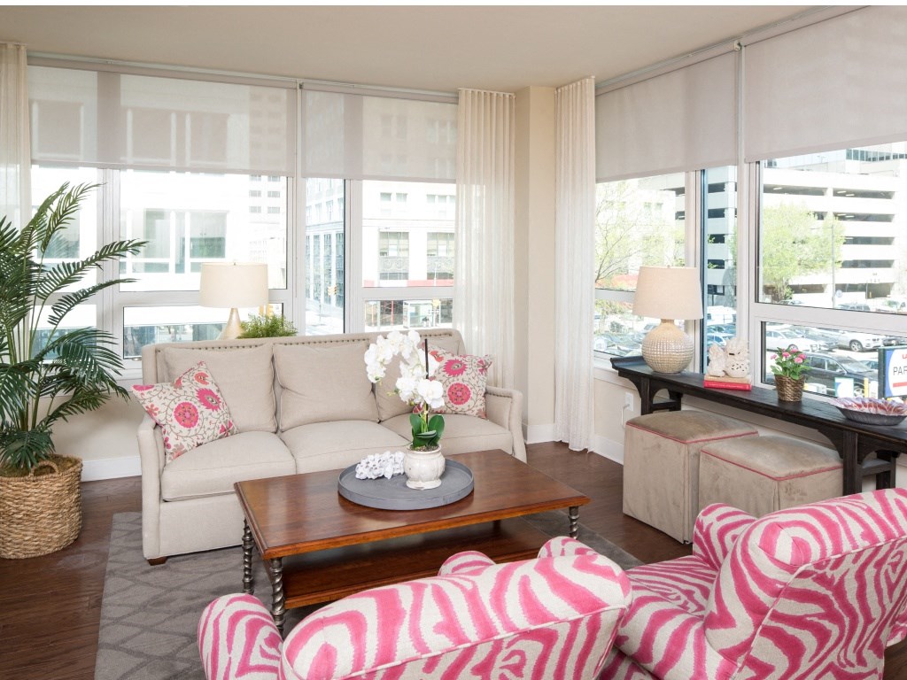 Oversized windows featuring custom shades