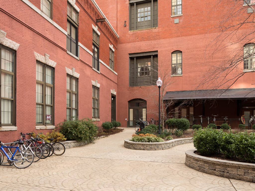 The resident courtyard at Kardon Atlantic features bicycle storage
