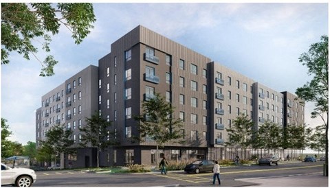 a rendering of a new apartment building on a city street