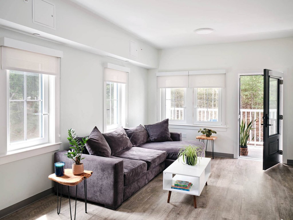 a living room with white walls and a gray couch