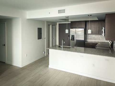 an open kitchen and living room with a granite counter top at Meridian Point at Goulds Station in Miami, FL, 33170