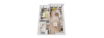 a stylized floor plan with a bedroom and a living room