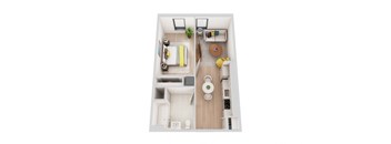 a stylized floor plan with a bedroom and a living room