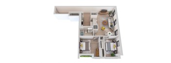 a stylized floor plan with a bedroom and a living room