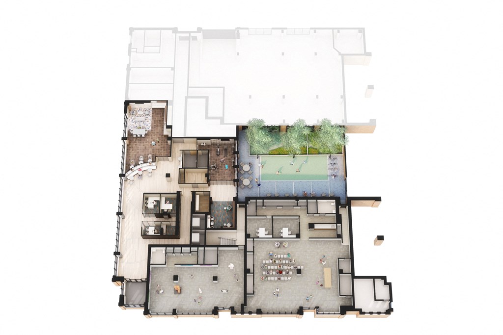 the floor plan of a house with a pool and a garden