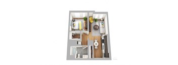 A 3D floor plan of a small apartment with a kitchen, living room, and bathroom.