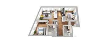 A floor plan of a house with a living room, kitchen, dining room, and bedrooms.