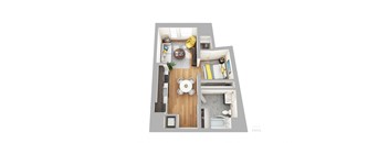 A floor plan of a spacious studio apartment with a kitchen, living room, and bathroom.