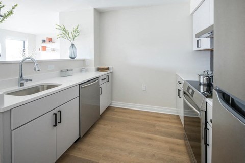 A kitchen with a sink, stove, and oven.