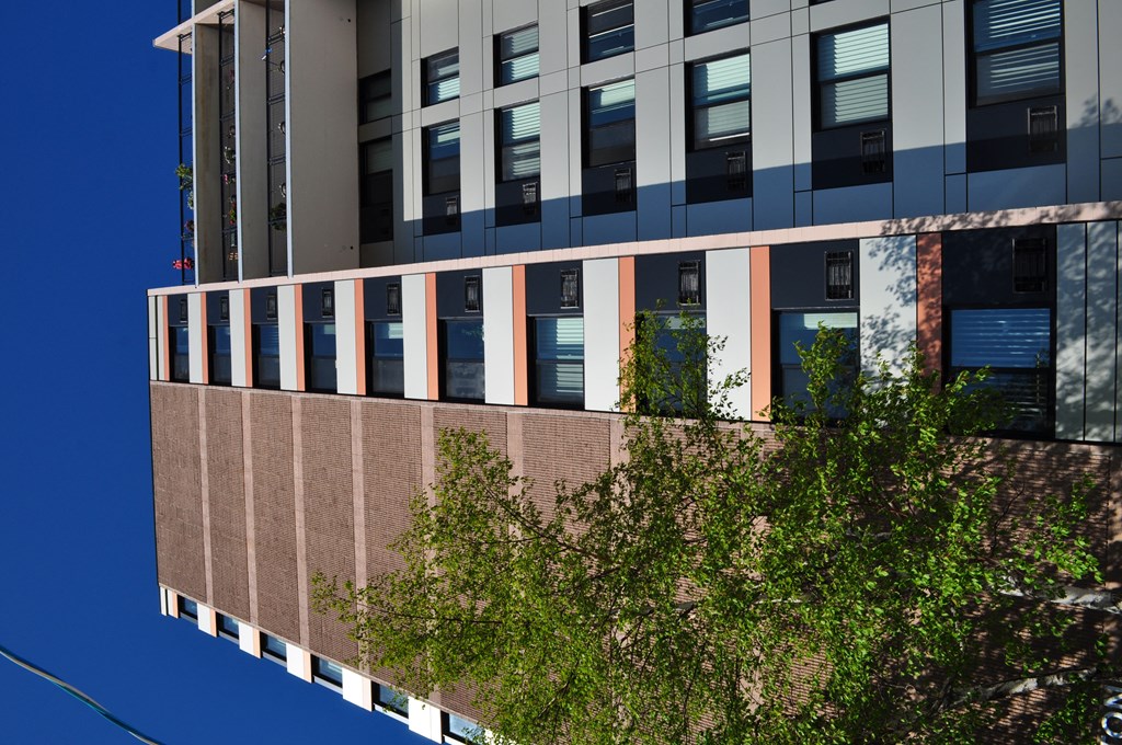 the side of a building with a tree in front of it