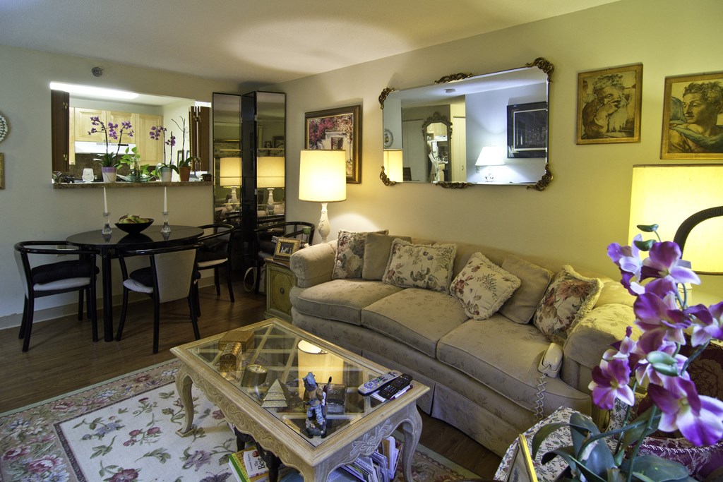 a living room and dining room with a couch and a table