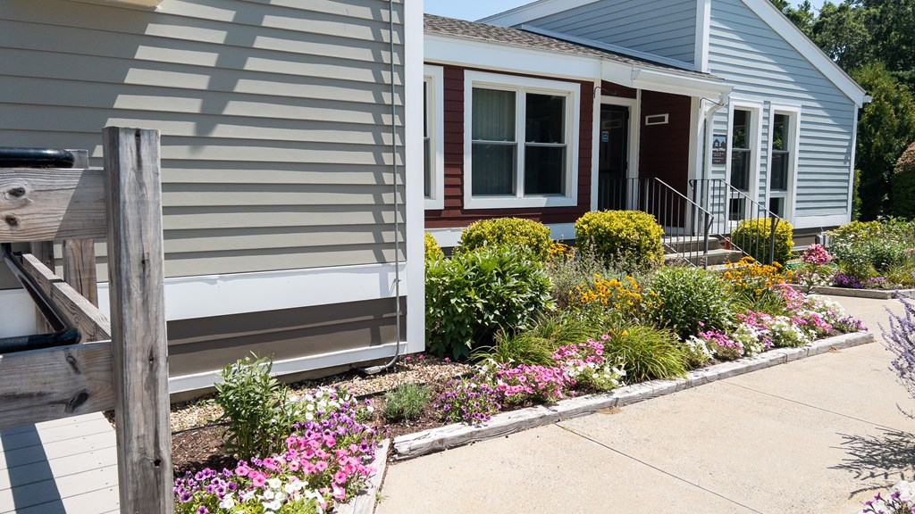 A house with a red door and a grey siding is surrounded by a garden with pink flowers.