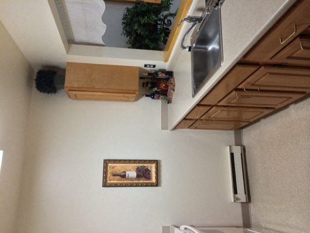 a kitchen with a sink and a painting on the wall