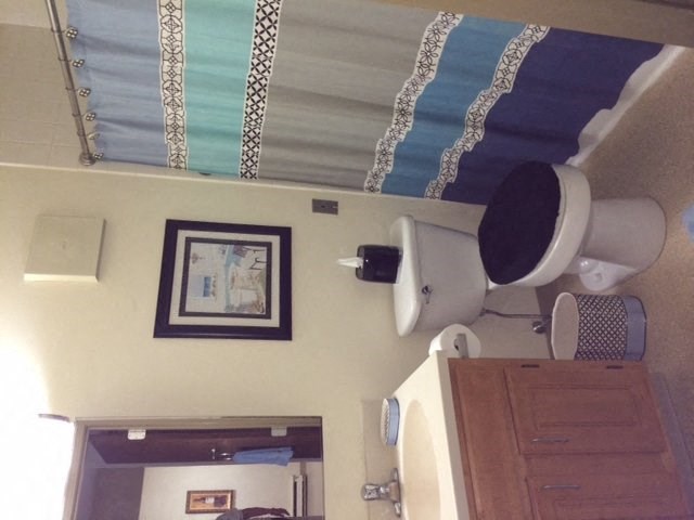 a bathroom with a bed and a mirror and a closet