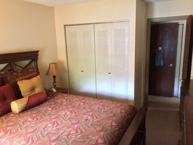 a bedroom with a large bed and a closet