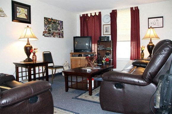 a living room with leather furniture and a television