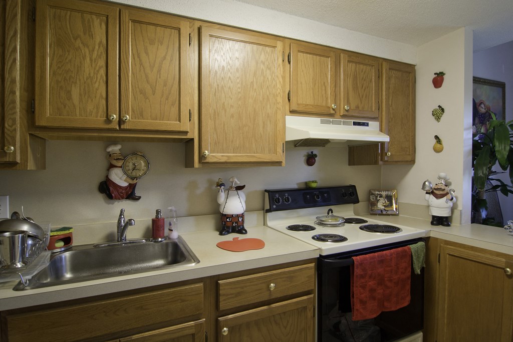 a kitchen with a stove and a sink