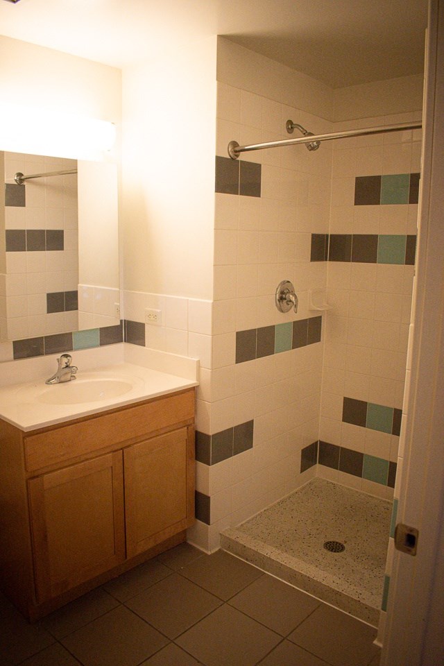 a bathroom with a sink and a shower
