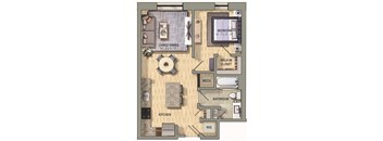 A floor plan of a small apartment with a living room, kitchen, bathroom, and bedroom.