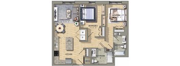 A floor plan of a two bedroom apartment with a living room, kitchen, and two bathrooms.