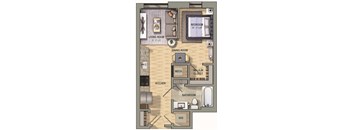A floor plan of a small apartment with a living room, dining room, kitchen, bathroom, and bedroom.