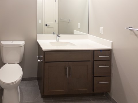 A white toilet sits next to a sink in a bathroom.