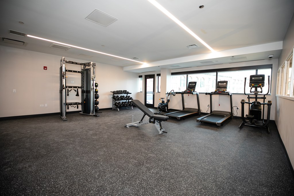 A gym with a variety of equipment including treadmills, weights, and a bench press.