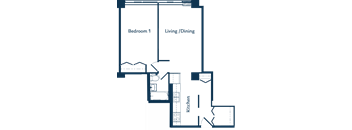 A floor plan of a house with a kitchen, living/dining area, and two bedrooms.