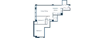 A floor plan of a house with two bedrooms, a living/dining area, and a kitchen.