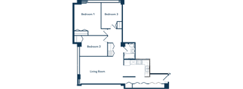 A floor plan of a house with three bedrooms and a living room.