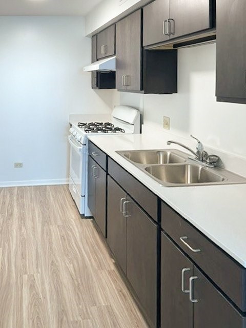 A kitchen with a stove, dishwasher, and sink.