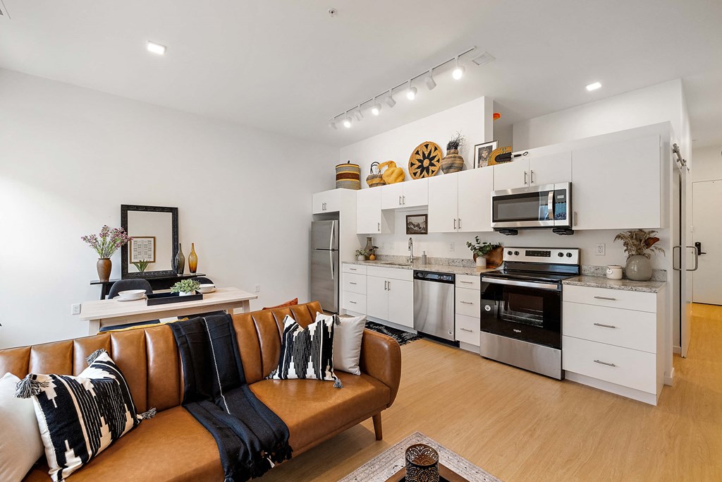 Kitchen and dining space at The Freelon at Sugar Hill, Detroit, Michigan 48201