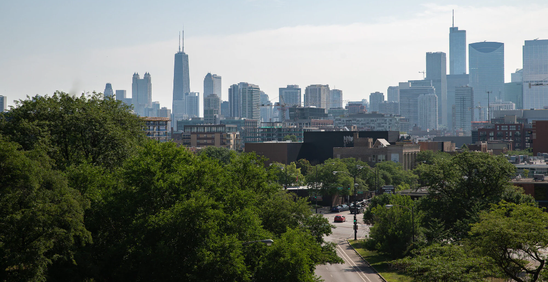 a view of the city from a park