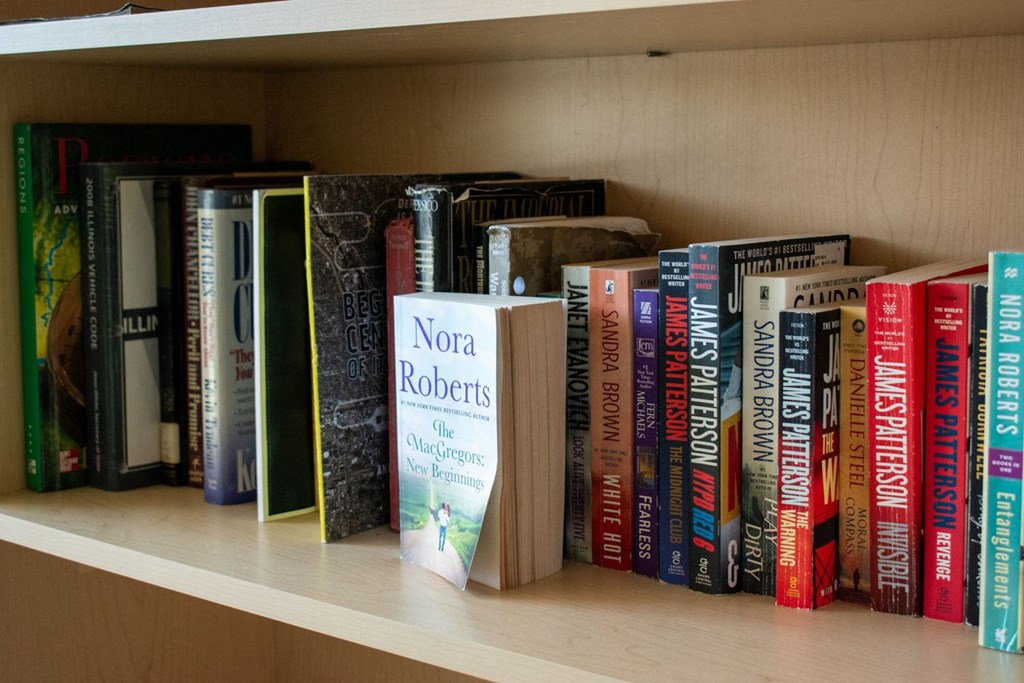 a selection of books on a bookshelf