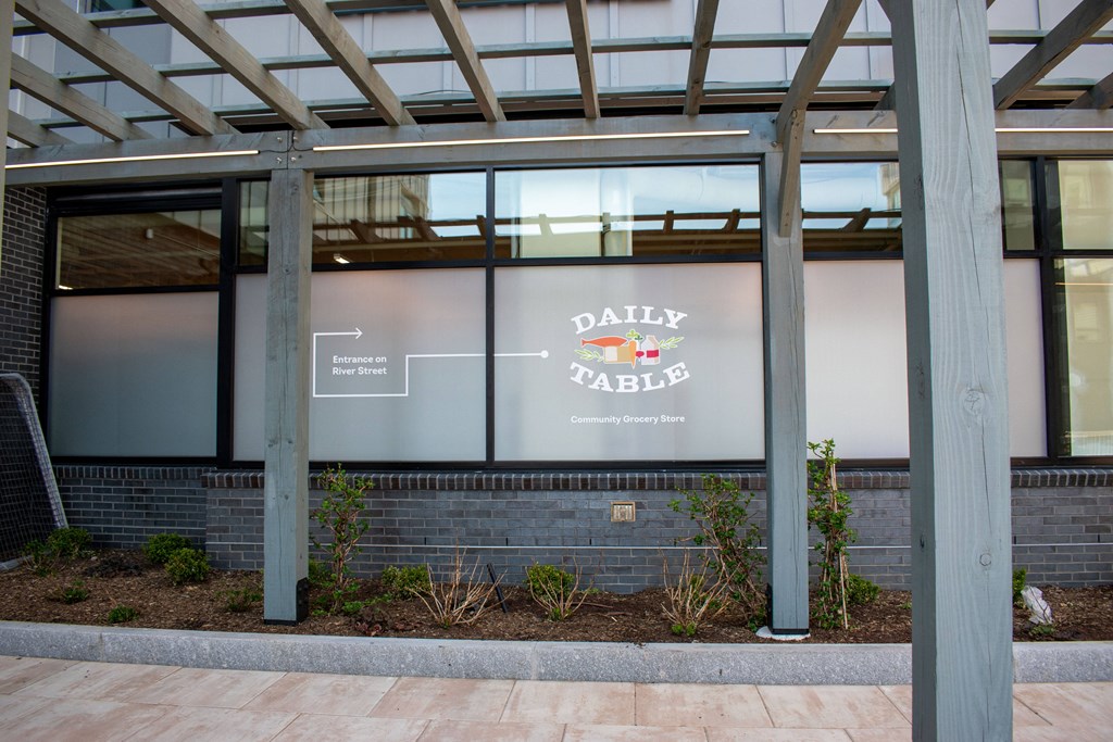 a building with a sign on the front of it