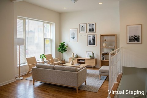 A living room with a grey couch and a green plant.