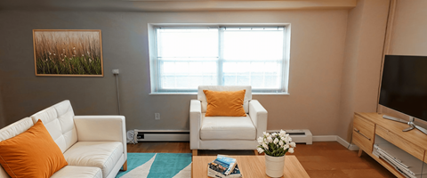 a living room with a couch and a chair and a window