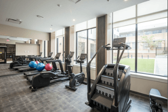 A gym with treadmills, elliptical machines and exercise balls.