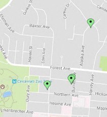 a map of a city with green markers on it