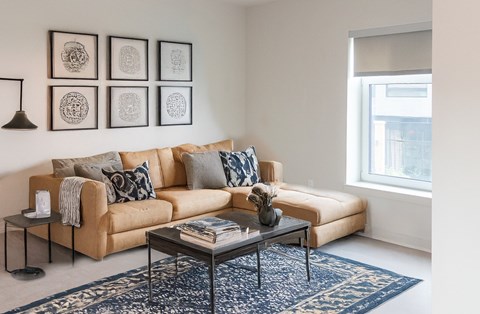 A living room with a tan couch, a coffee table, and a blue rug.