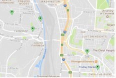 a screenshot of a map of a city with green dots on it